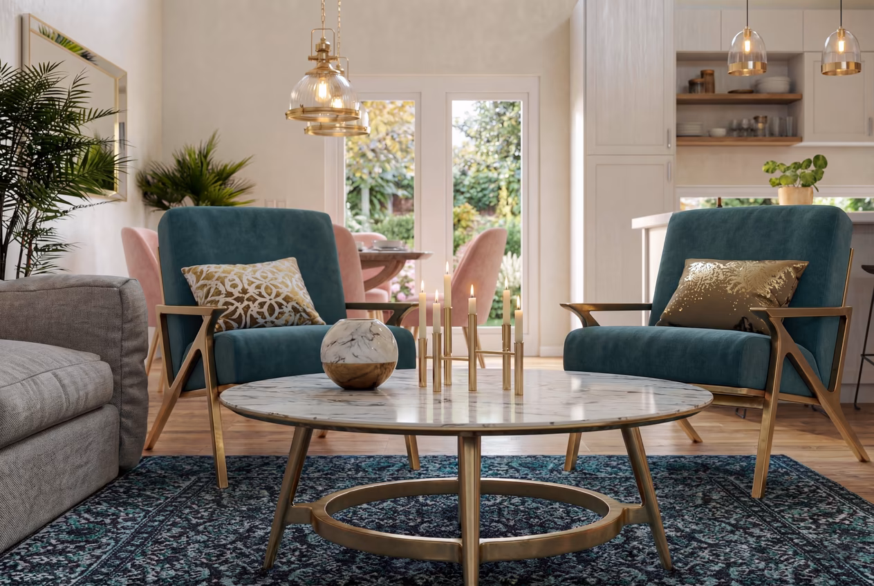 Interior render showing architectural materials and lighting